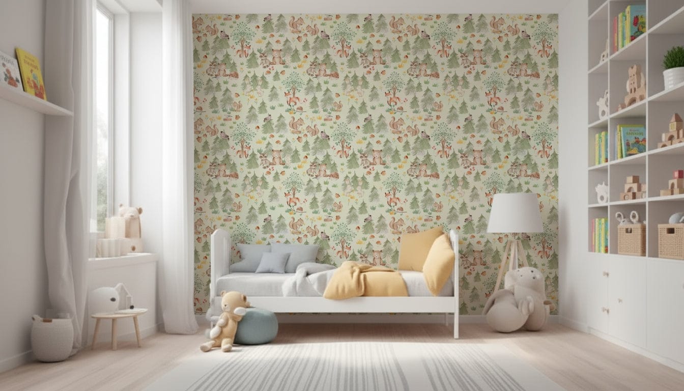 Cute Forest Friends Forever, squirrel and fox design, easy peel and stick wallpaper.