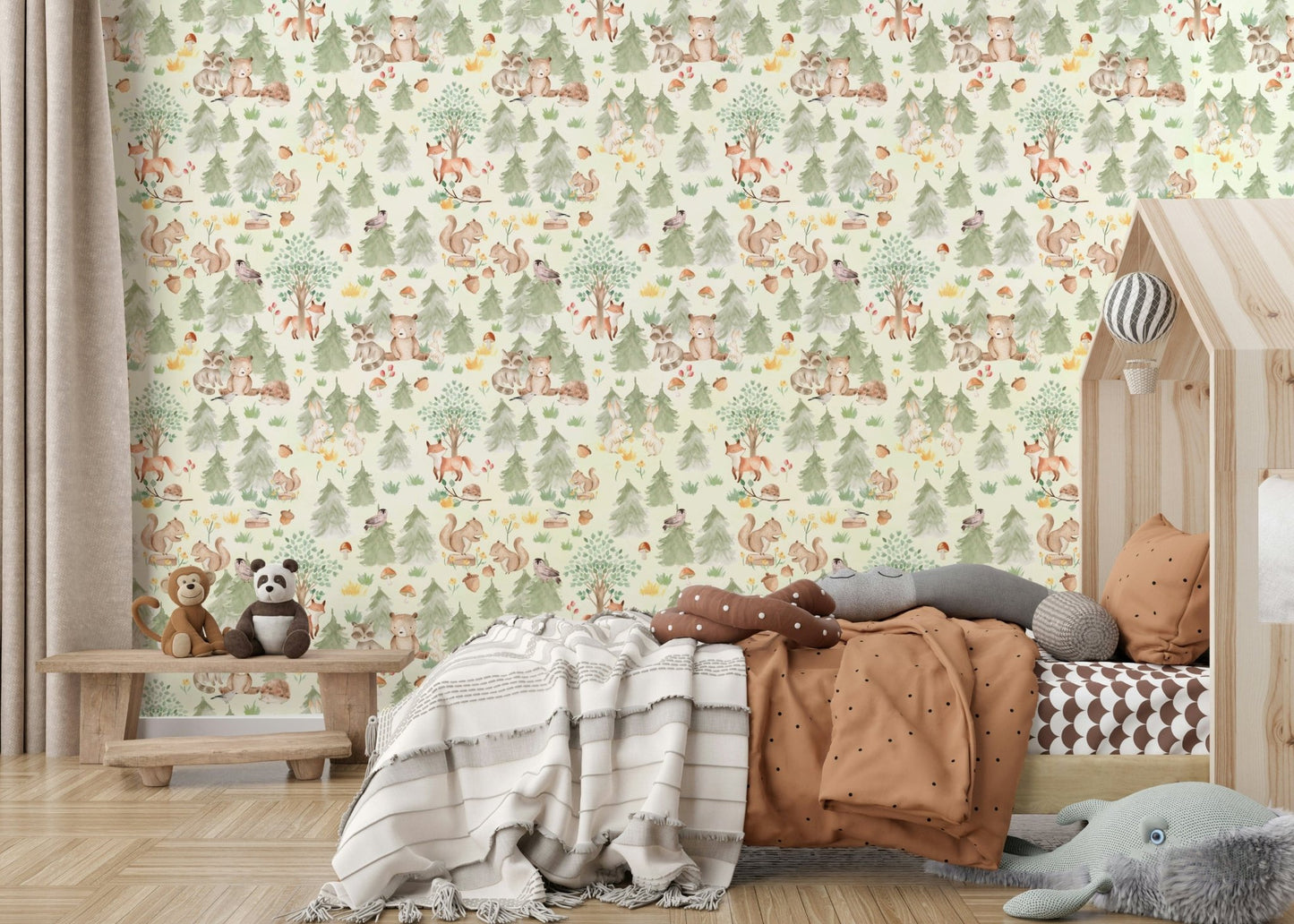 Adorable Forest Friends Forever, fox and bear art wallpaper mural, soft greenery.