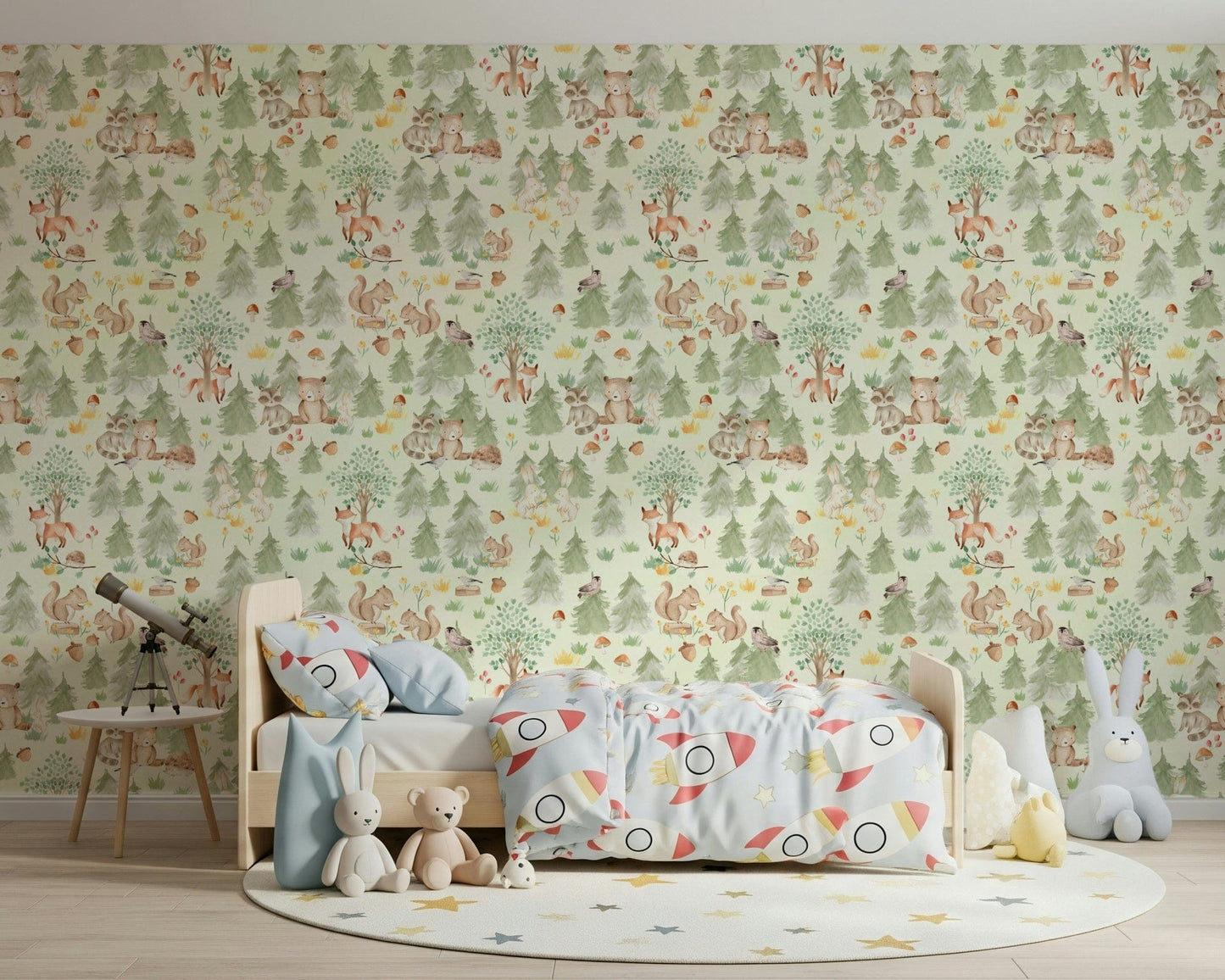 Watercolor forest scene, Forest Friends Forever, children's room wall covering art.