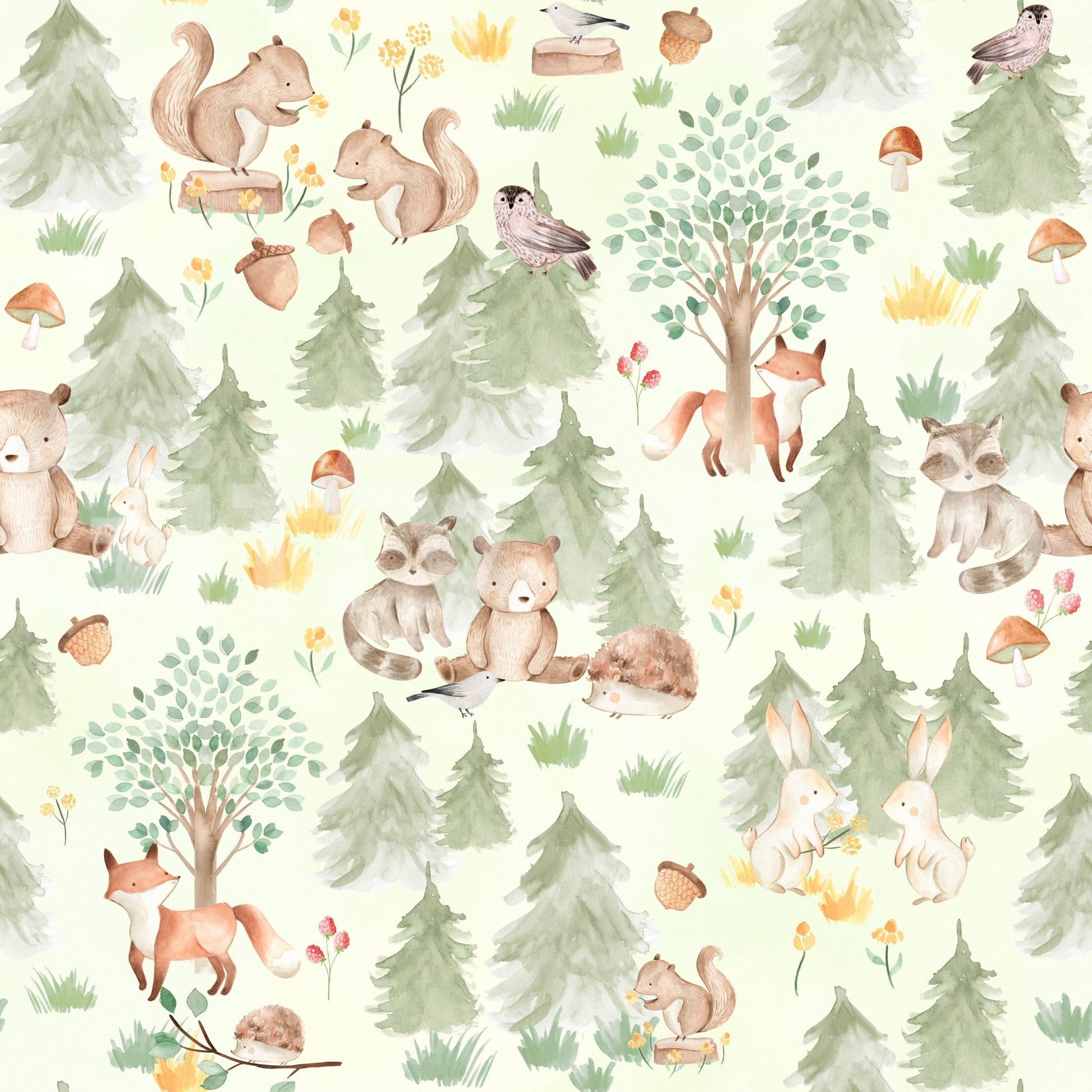 Whimsical Forest Friends Forever, serene forest animals wallpaper for walls.