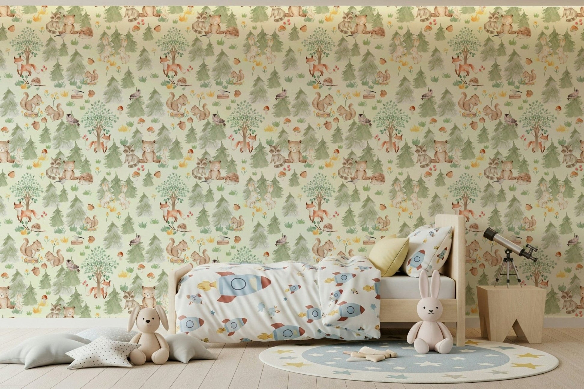 Forest Friends Forever, enchanted woodland creatures wall design, calming colors.