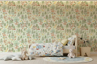 Forest Friends Forever, enchanted woodland creatures wall design, calming colors.