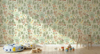 Baby nursery wallpaper, Forest Friends Forever, sweet creatures among pine trees.