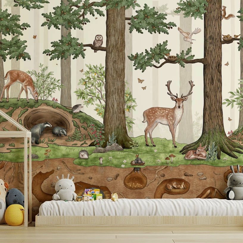 A graceful subtle forest wall mural in cool, natural tones., GD5105