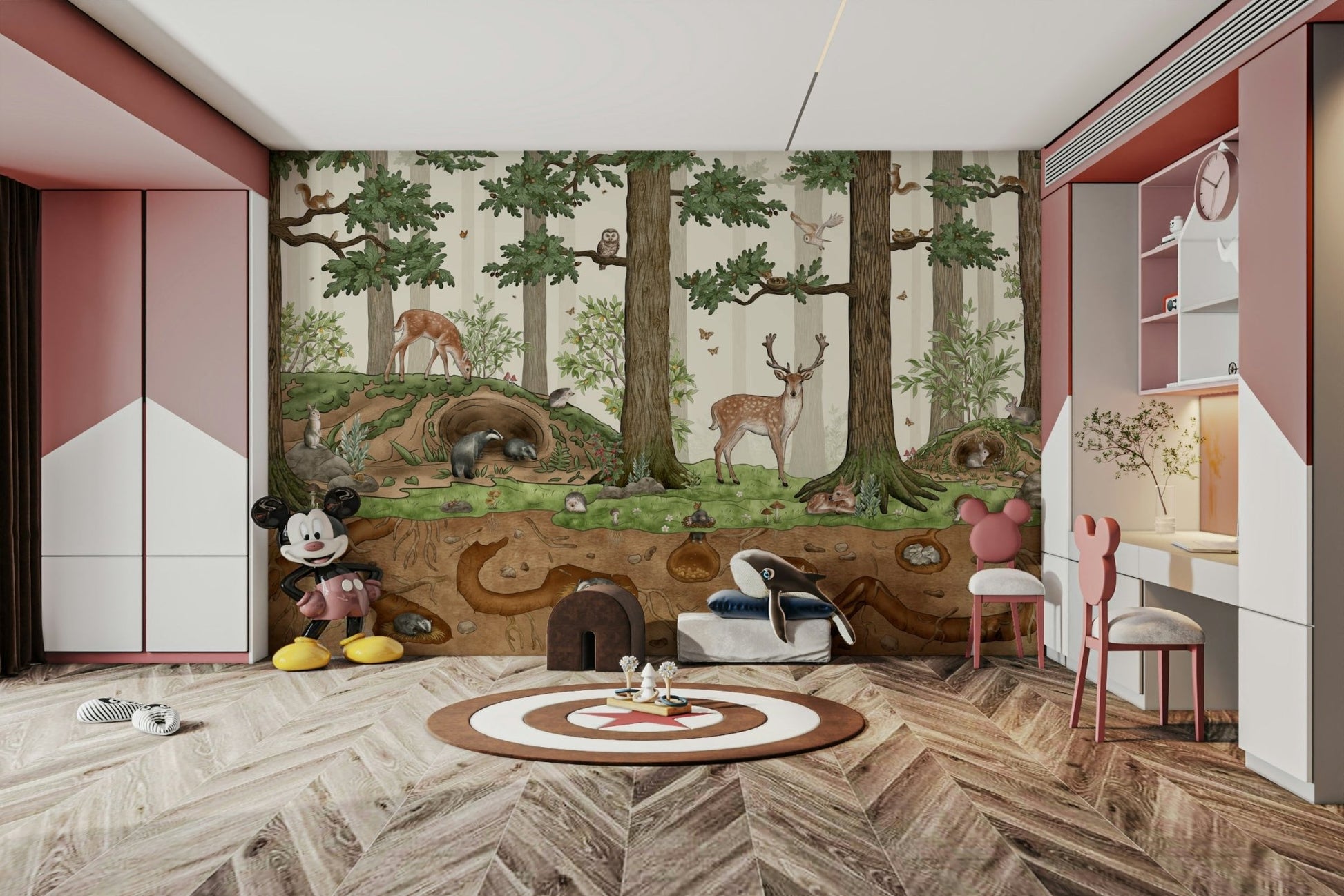 A serene woodland animal wall mural for nursery decor., GD5105