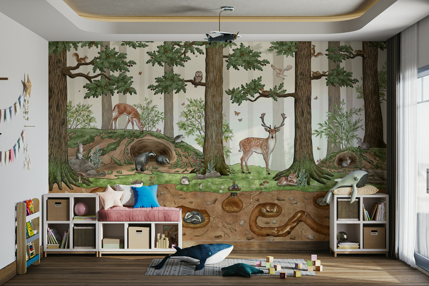 A beautiful modern art wall mural of playful animals.


