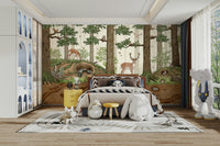 An artistic forest friends mural on minimalist wallpaper.

