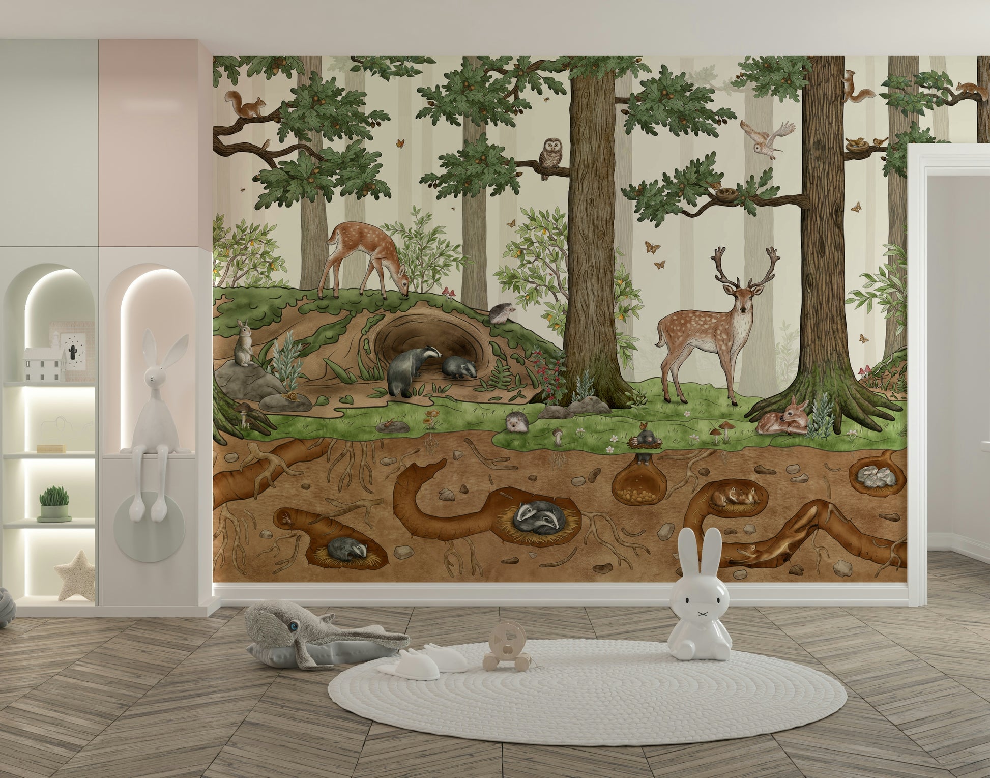 A beautiful charming forest wallpaper mural with subtle animals.

