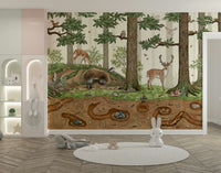 A beautiful charming forest wallpaper mural with subtle animals.


