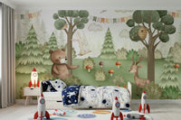 Artistic Forest Friends Mural wall mural with hand-drawn animals in a corridor.