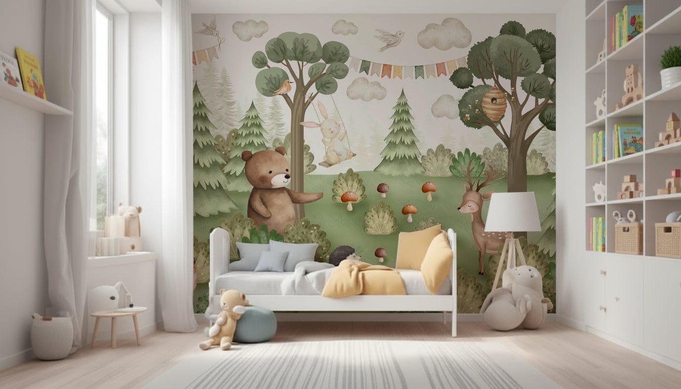 Forest Friends Mural wallpaper behind a wooden crib in a nursery.