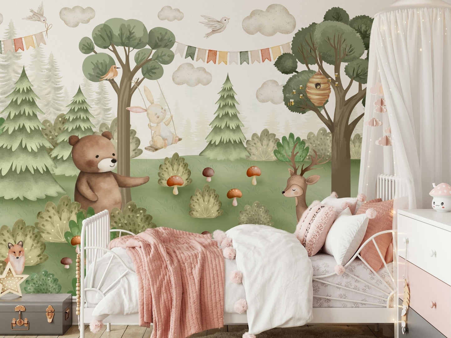 Forest Friends Mural wall mural showcasing forest trees in a bedroom.