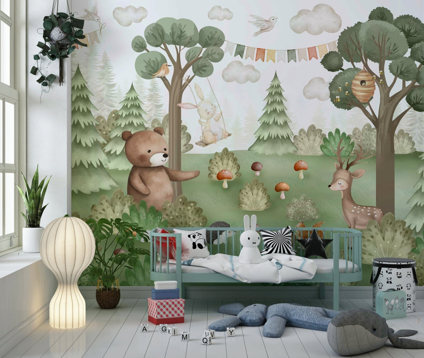 Forest Friends Mural wall mural with muted forest tones in a lounge.
