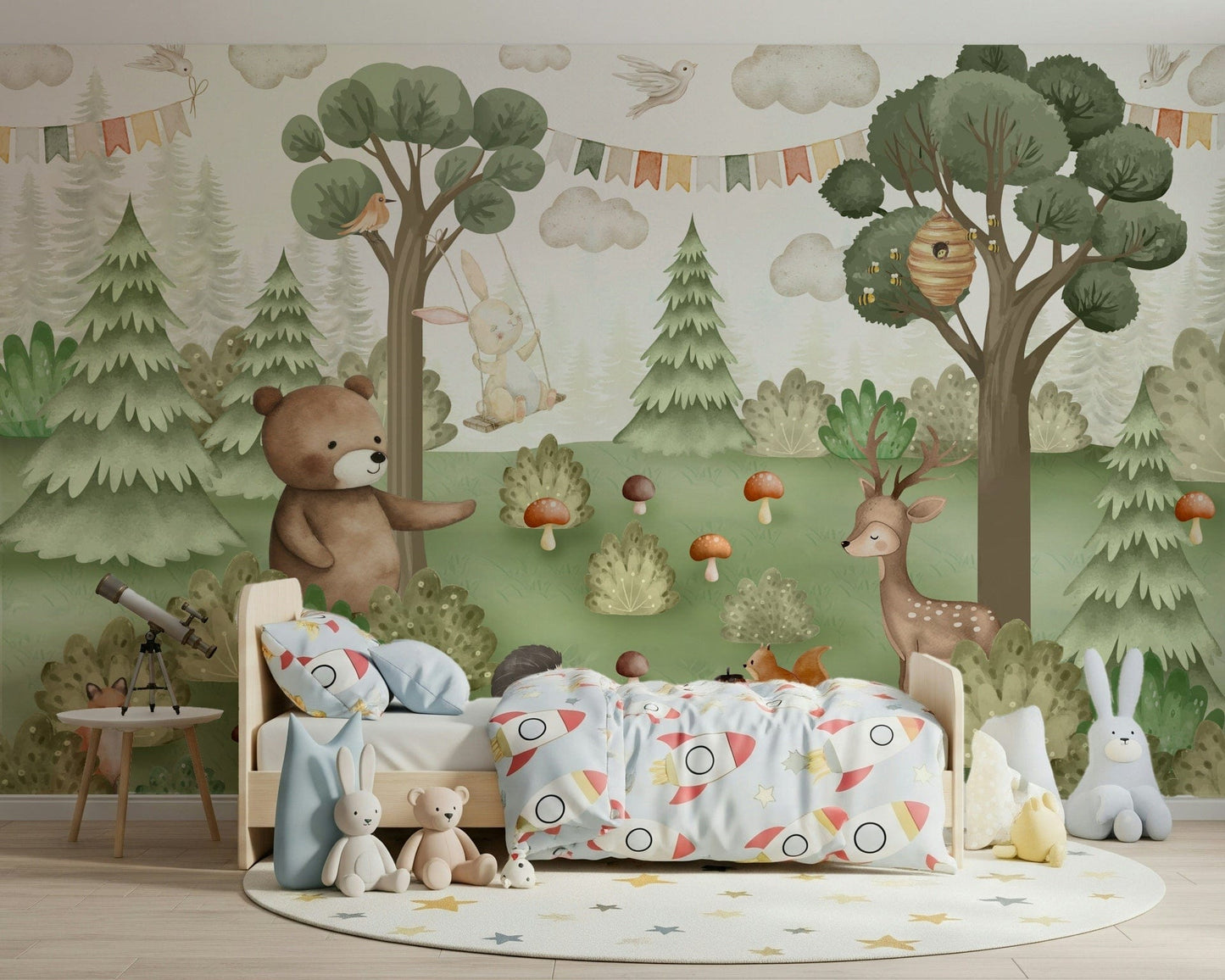 Forest Friends Mural wallpaper featuring deer and owls in a playroom.