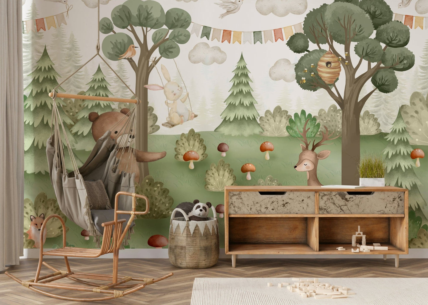 Minimalist playroom featuring a neutral Forest Friends Mural wallpaper.