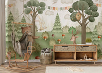 Minimalist playroom featuring a neutral Forest Friends Mural wallpaper.