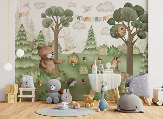 Forest Friends Mural wall mural with woodland animals in a nursery., GD7597