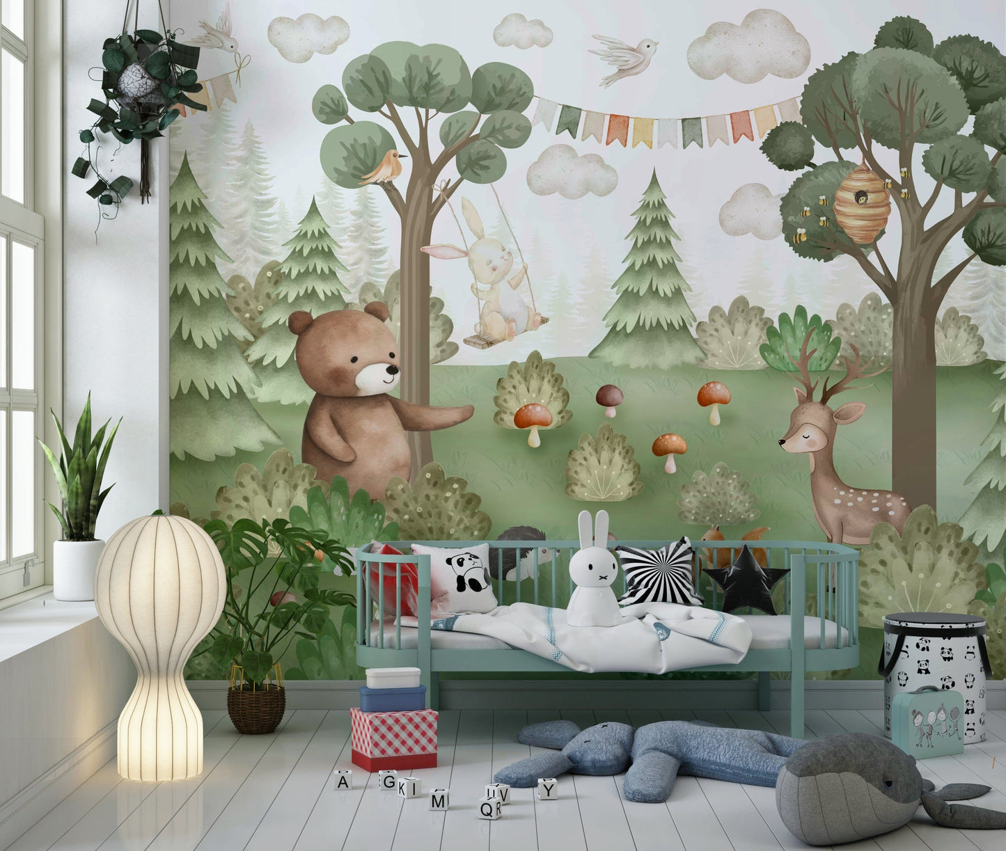Forest Friends Mural wall mural with muted forest tones in a lounge.