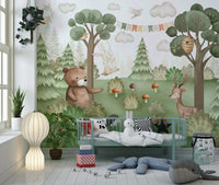 Forest Friends Mural wall mural with muted forest tones in a lounge.