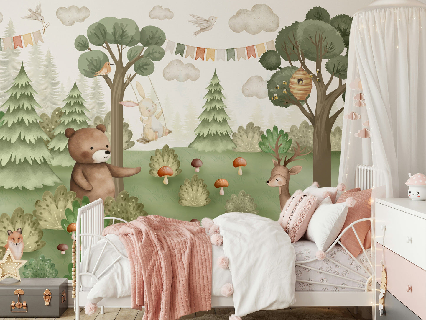 Forest Friends Mural wall mural showcasing forest trees in a bedroom.