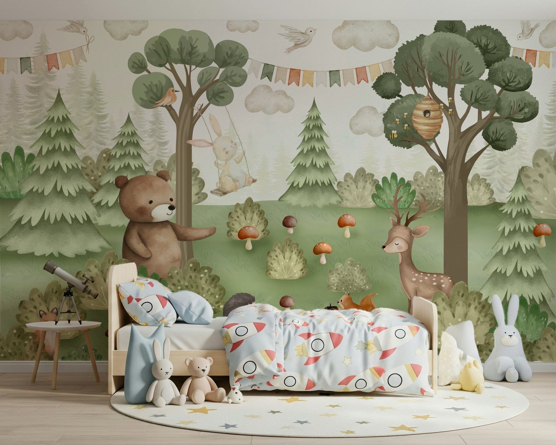 Forest Friends Mural wallpaper featuring deer and owls in a playroom.