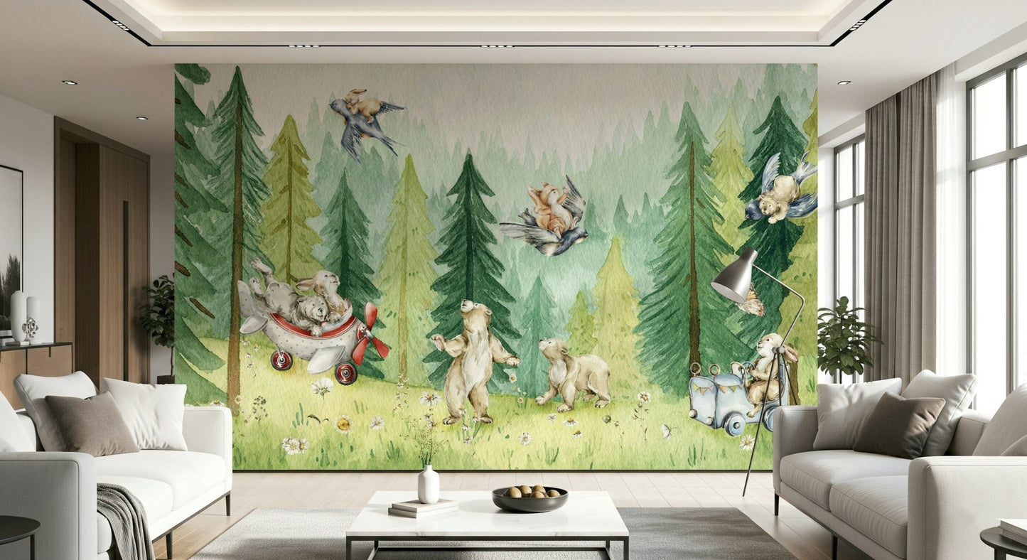Forest Friends Take Flight Wall Mural baby bear playing