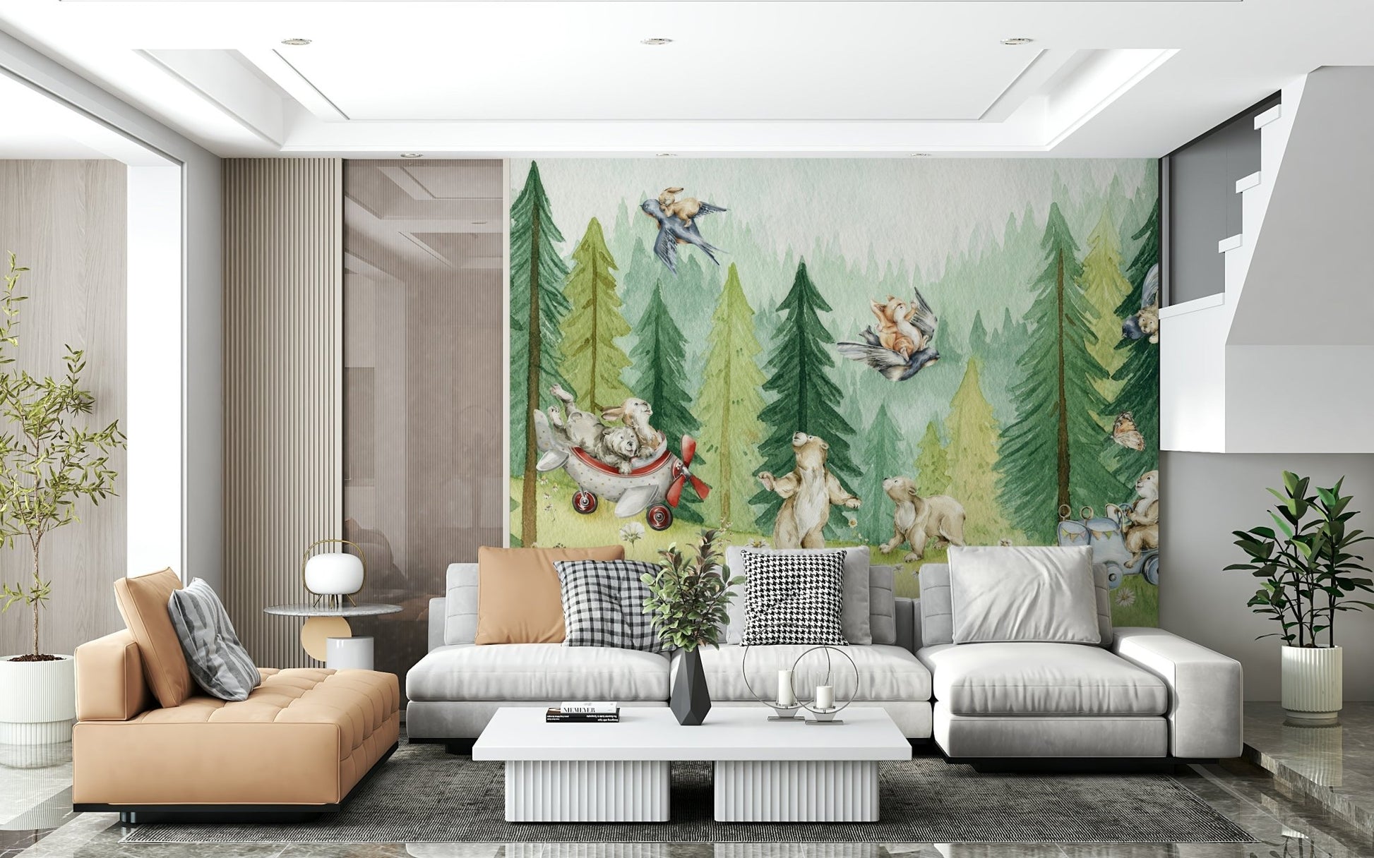 Forest Friends Take Flight Wall Mural rabbit drives a toy train