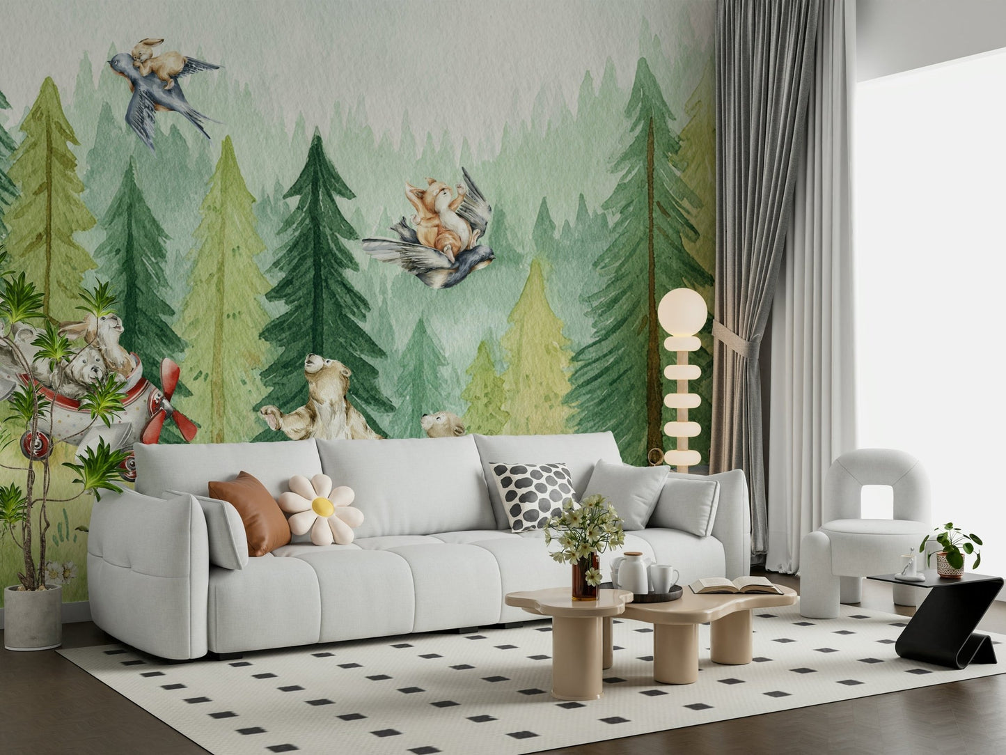 Watercolor forest scene Forest Friends Take Flight Wall Mural