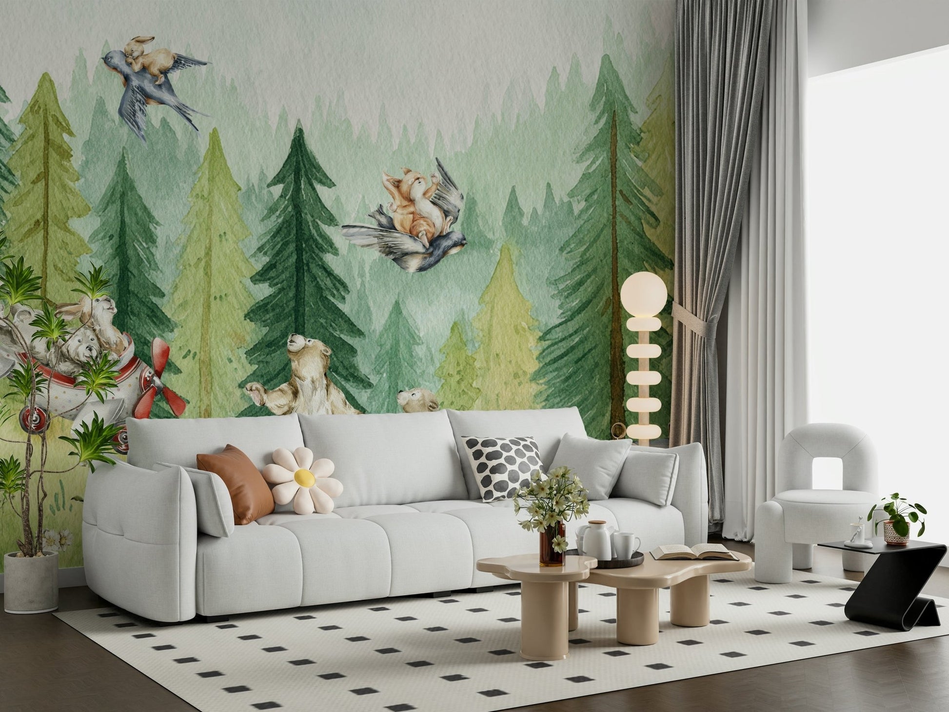 Watercolor forest scene Forest Friends Take Flight Wall Mural