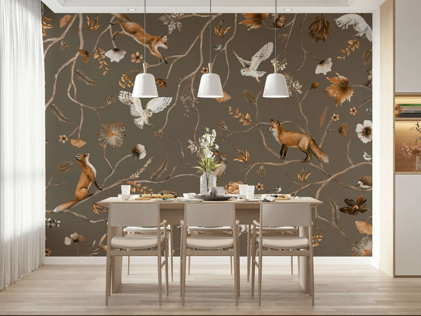 Interior design idea for a feature wall using the whimsical Forest Friends Wall Mural.
