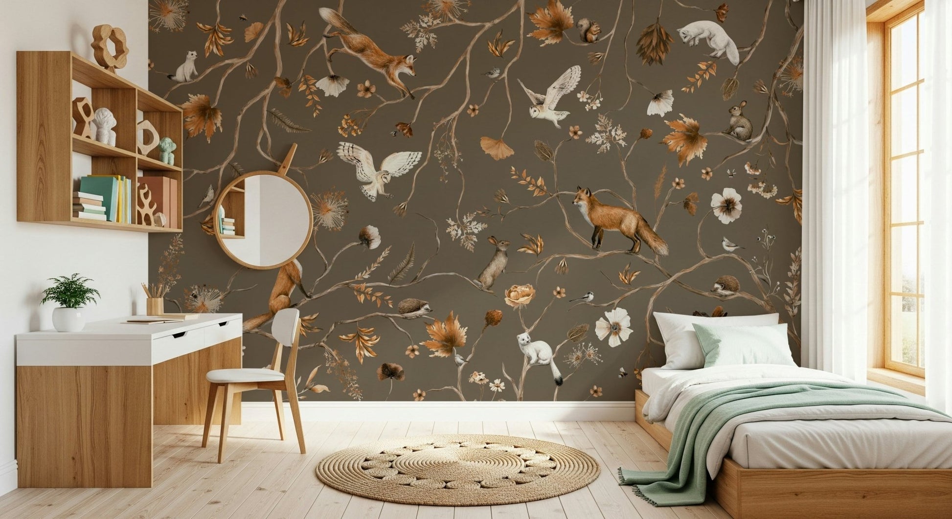 A delightful children's bedroom featuring the gentle Forest Friends Wall Mural design.