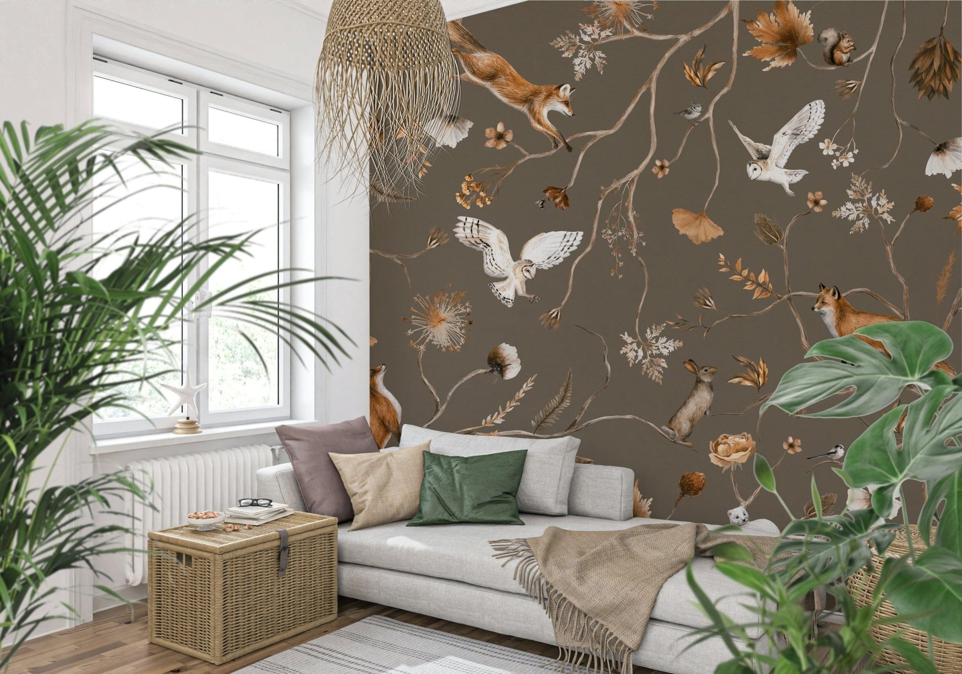 The Forest Friends Wall Mural creating an inviting atmosphere in a cozy living room.