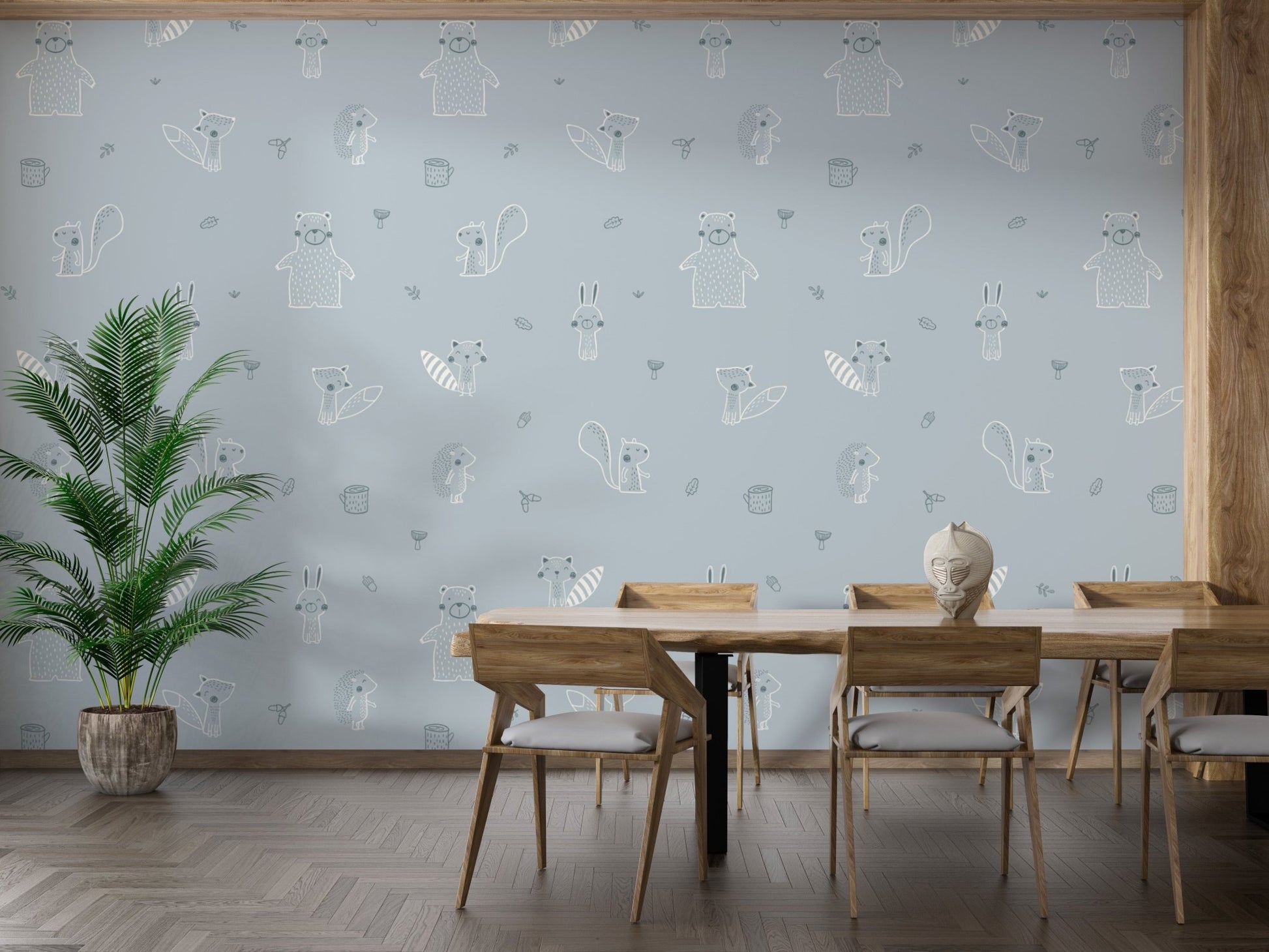Cute woodland animals mural in blue tones

