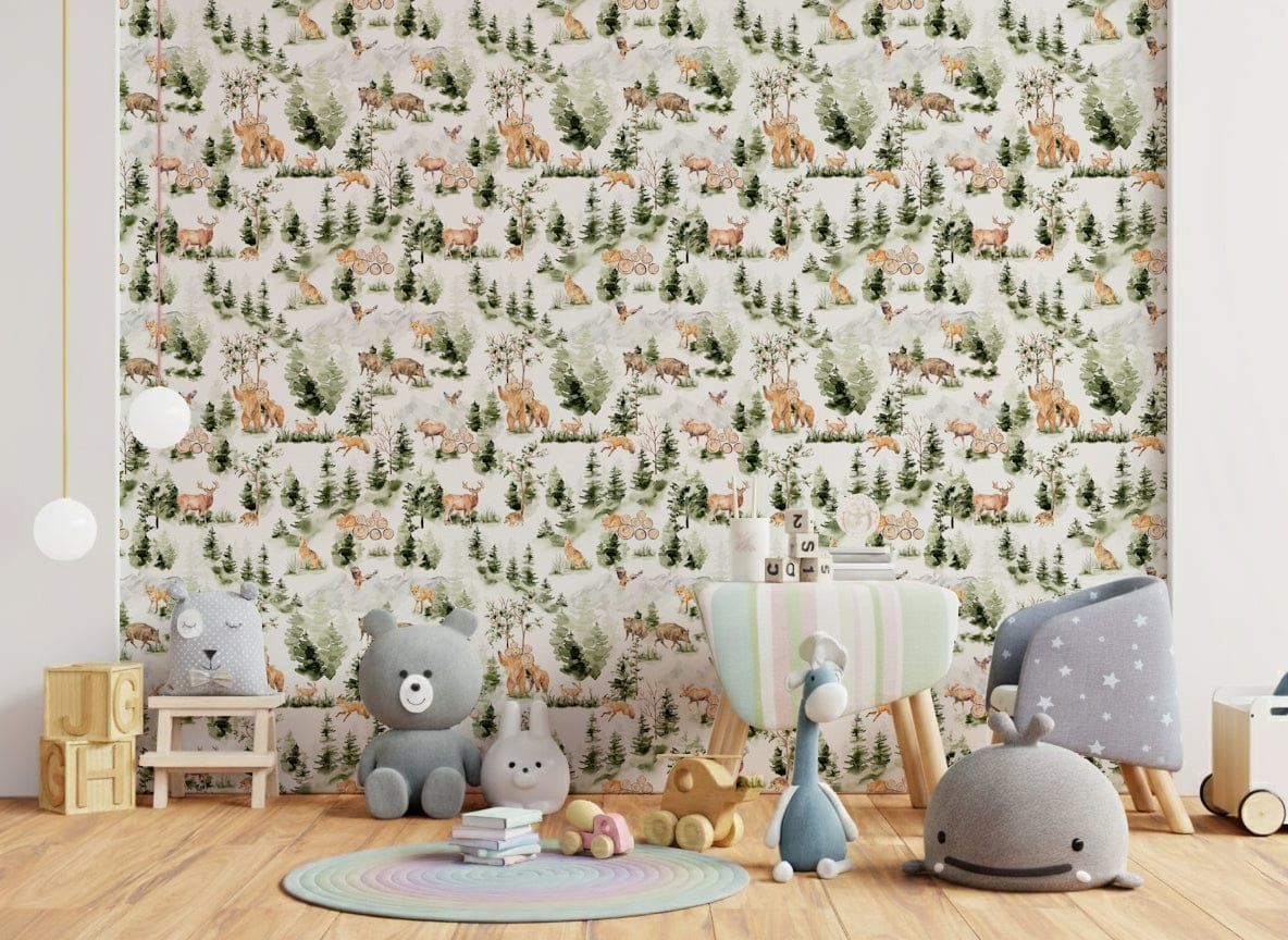 Hand-painted moose and log piles Forest Friends wallpaper mural., GD7217