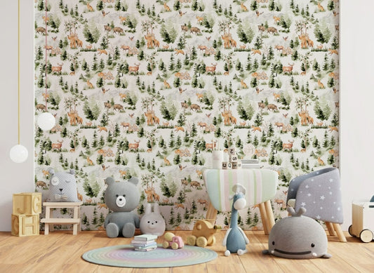 Hand-painted moose and log piles Forest Friends wallpaper mural.