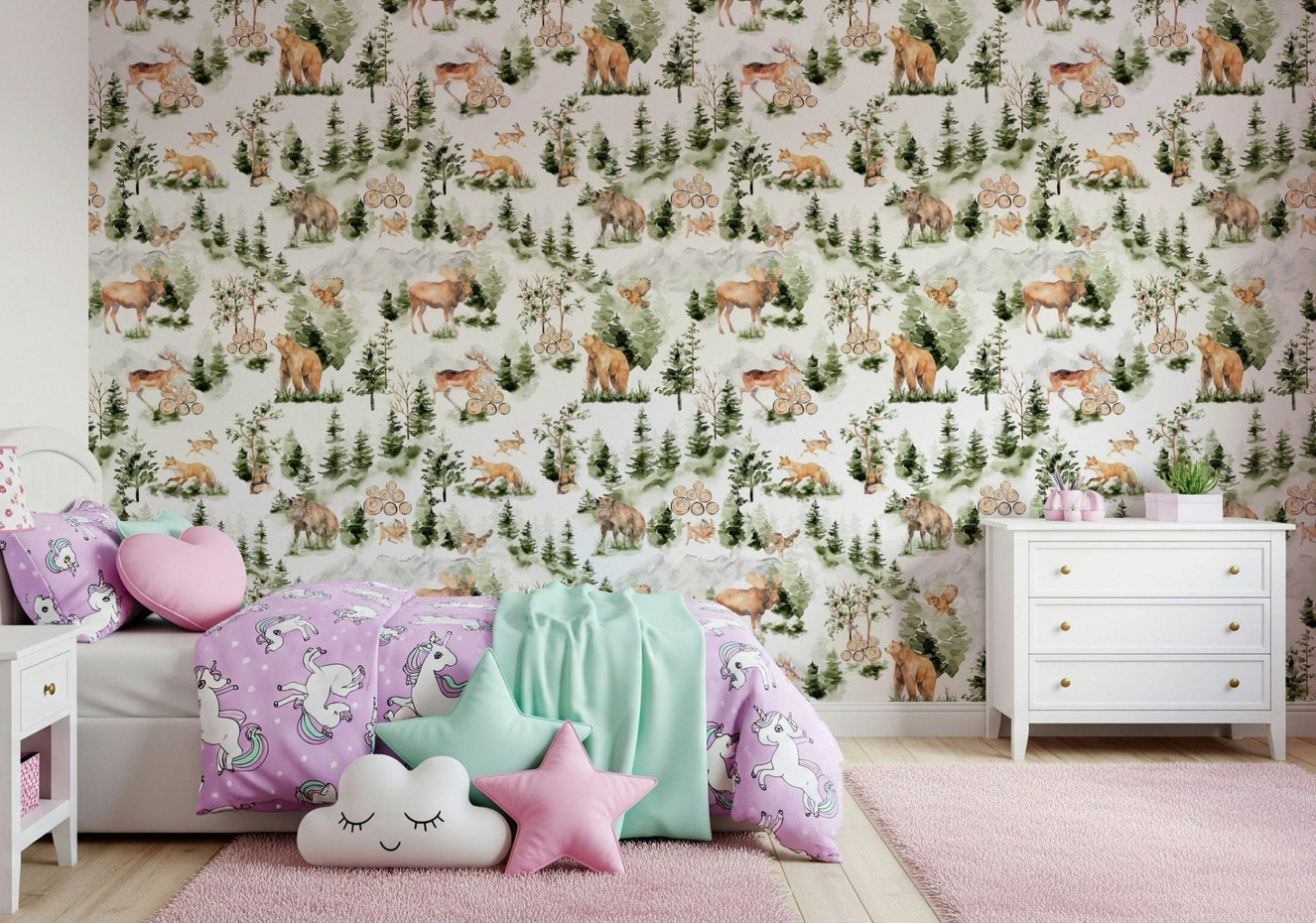 Soaring owls above evergreen trees Forest Friends wallpaper mural.