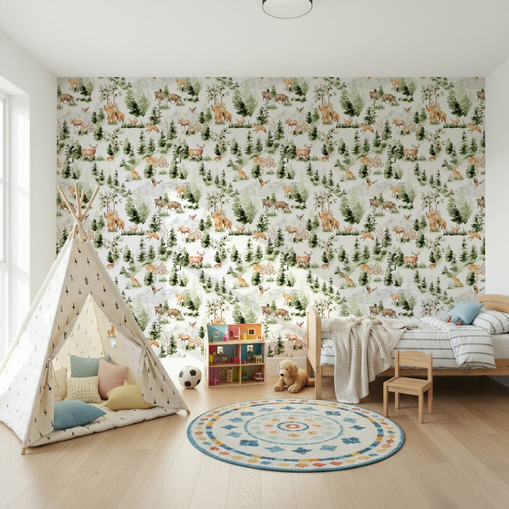 Forest Friends watercolor bear family wallpaper for walls nursery.