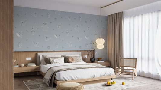 Whimsical baby forest mural in blue hues
