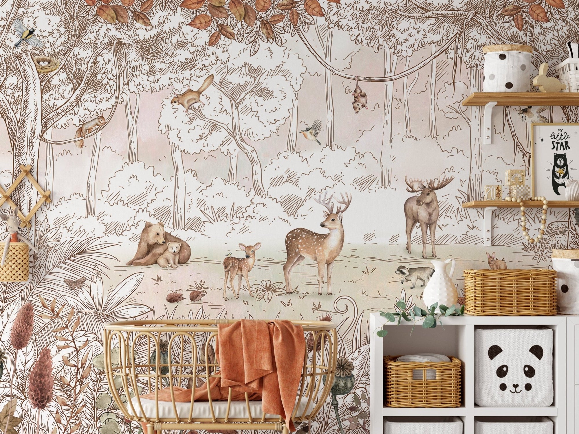 Autumn forest wallpaper mural featuring woodland animals KB25