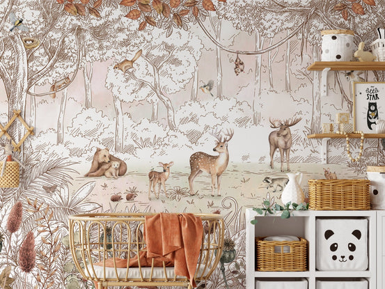 Autumn forest wallpaper mural featuring woodland animals KB25