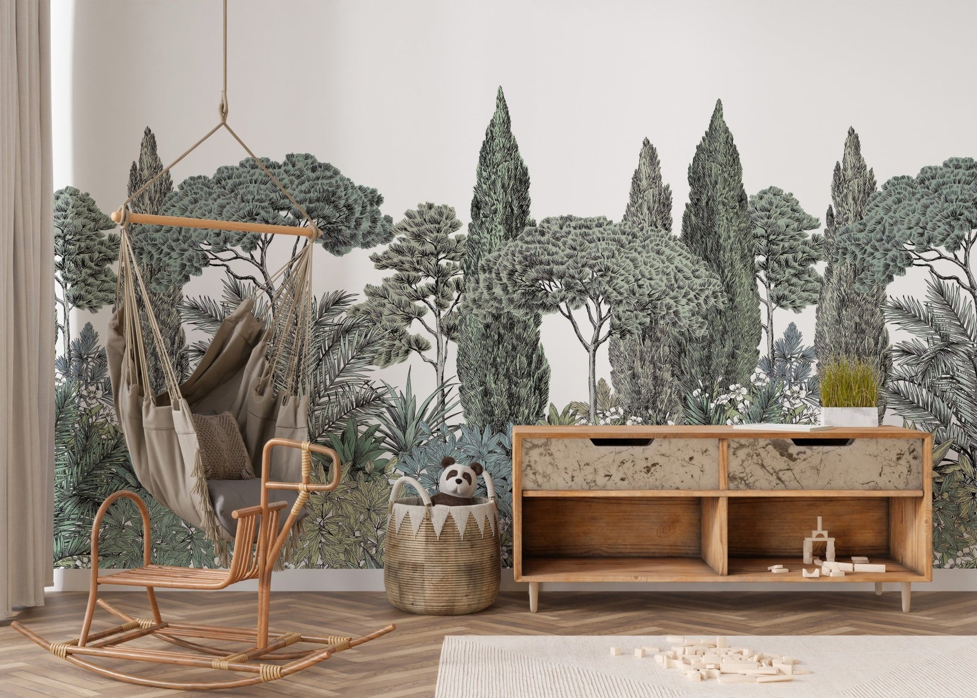 Forest greenery wallpaper mural with serene garden vibes. A443
