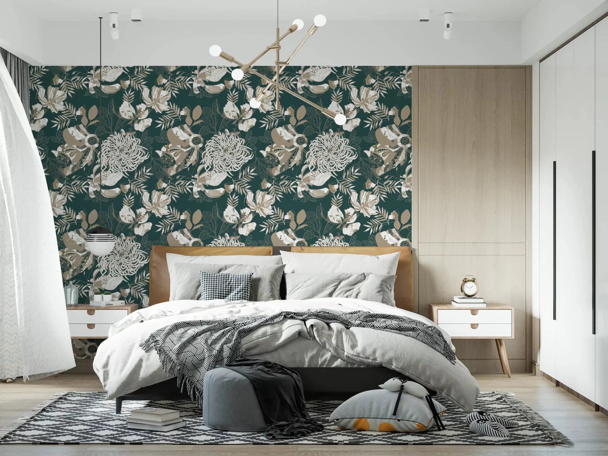 Bedroom styled in Forest Green Art Deco Floral wallpaper with vintage florals, GD9492
