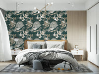 Bedroom styled in Forest Green Art Deco Floral wallpaper with vintage florals, GD9492