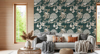 Cream floral forms define this Forest Green Art Deco Floral wallpaper design, GD9492