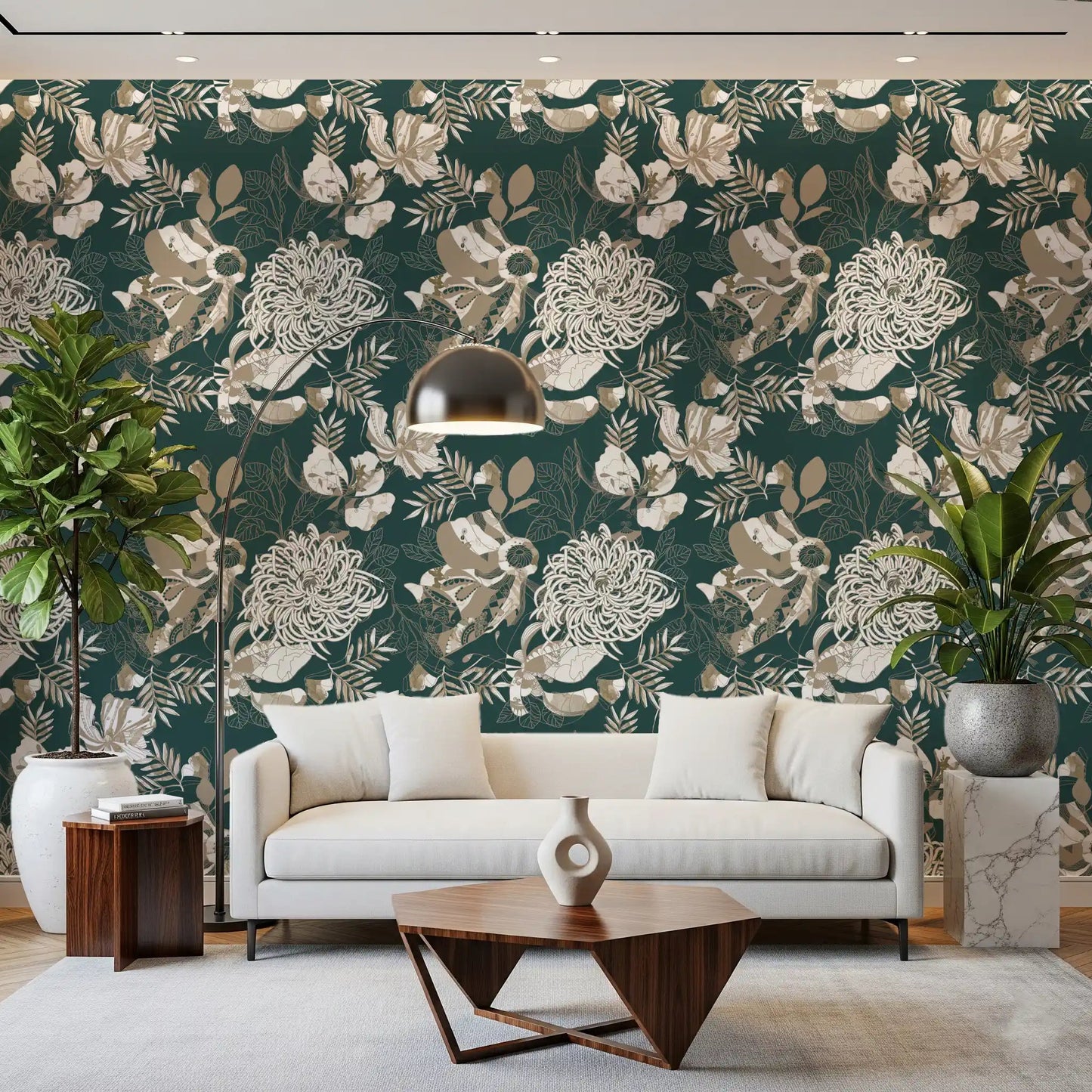 Hallway featuring Forest Green Art Deco Floral wallpaper on a dark green base, GD9492