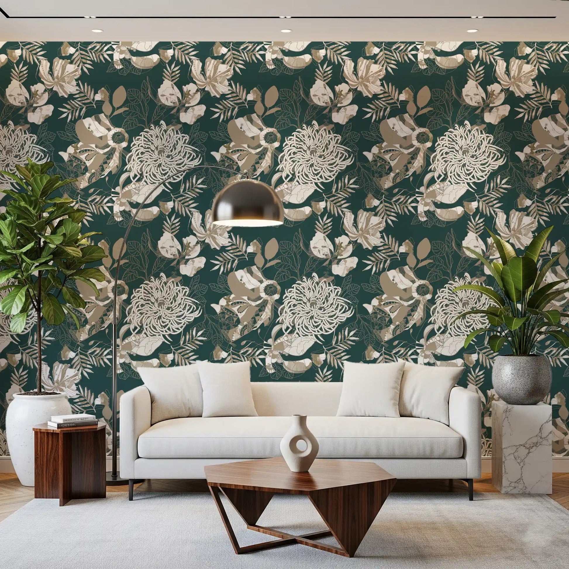 Hallway featuring Forest Green Art Deco Floral wallpaper on a dark green base, GD9492