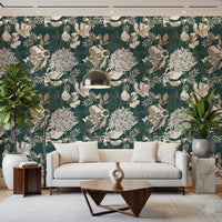 Hallway featuring Forest Green Art Deco Floral wallpaper on a dark green base, GD9492