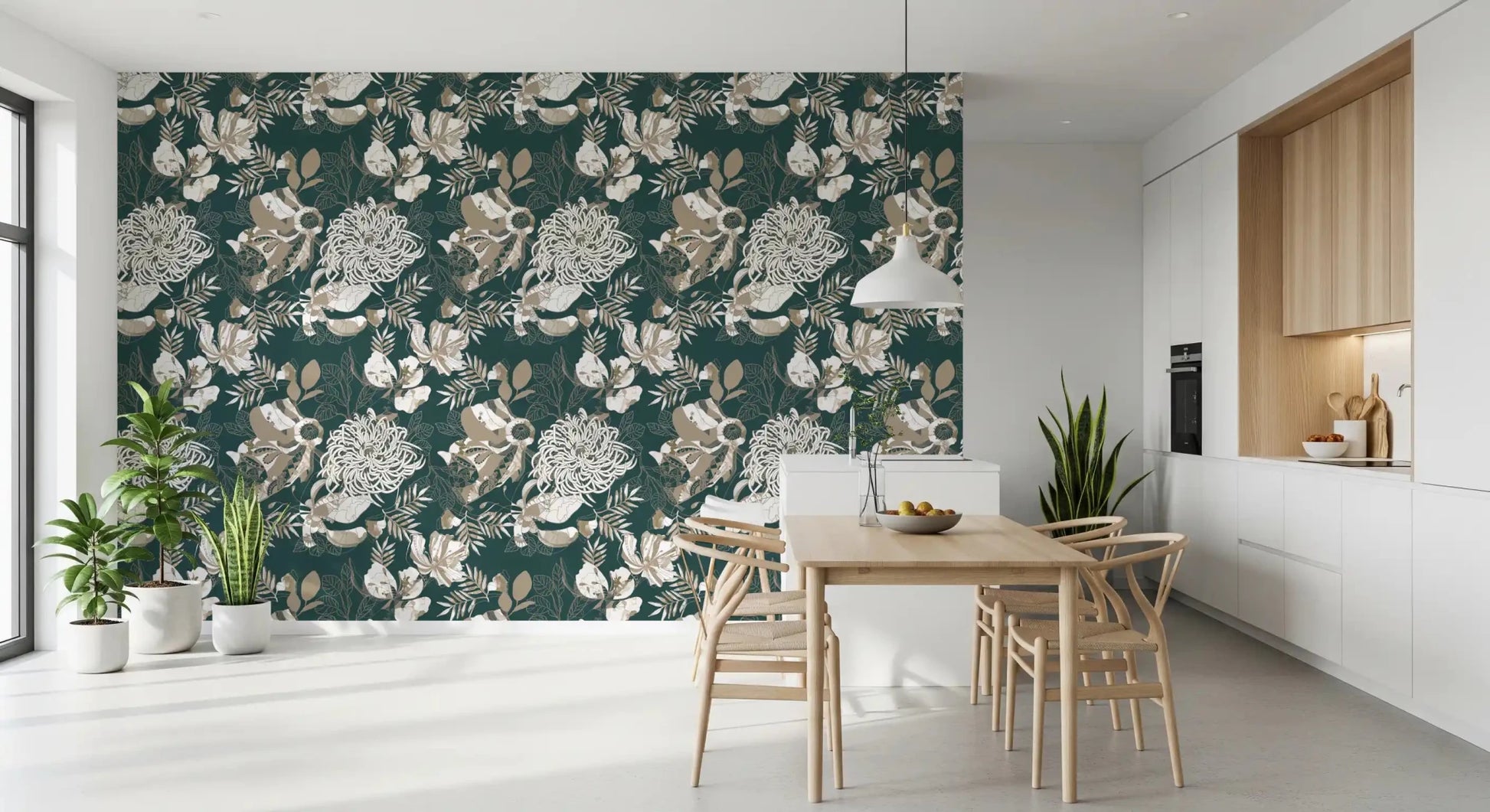 Vintage floral wallpaper with cream petals over a rich forest green surface, GD9492