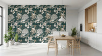 Vintage floral wallpaper with cream petals over a rich forest green surface, GD9492