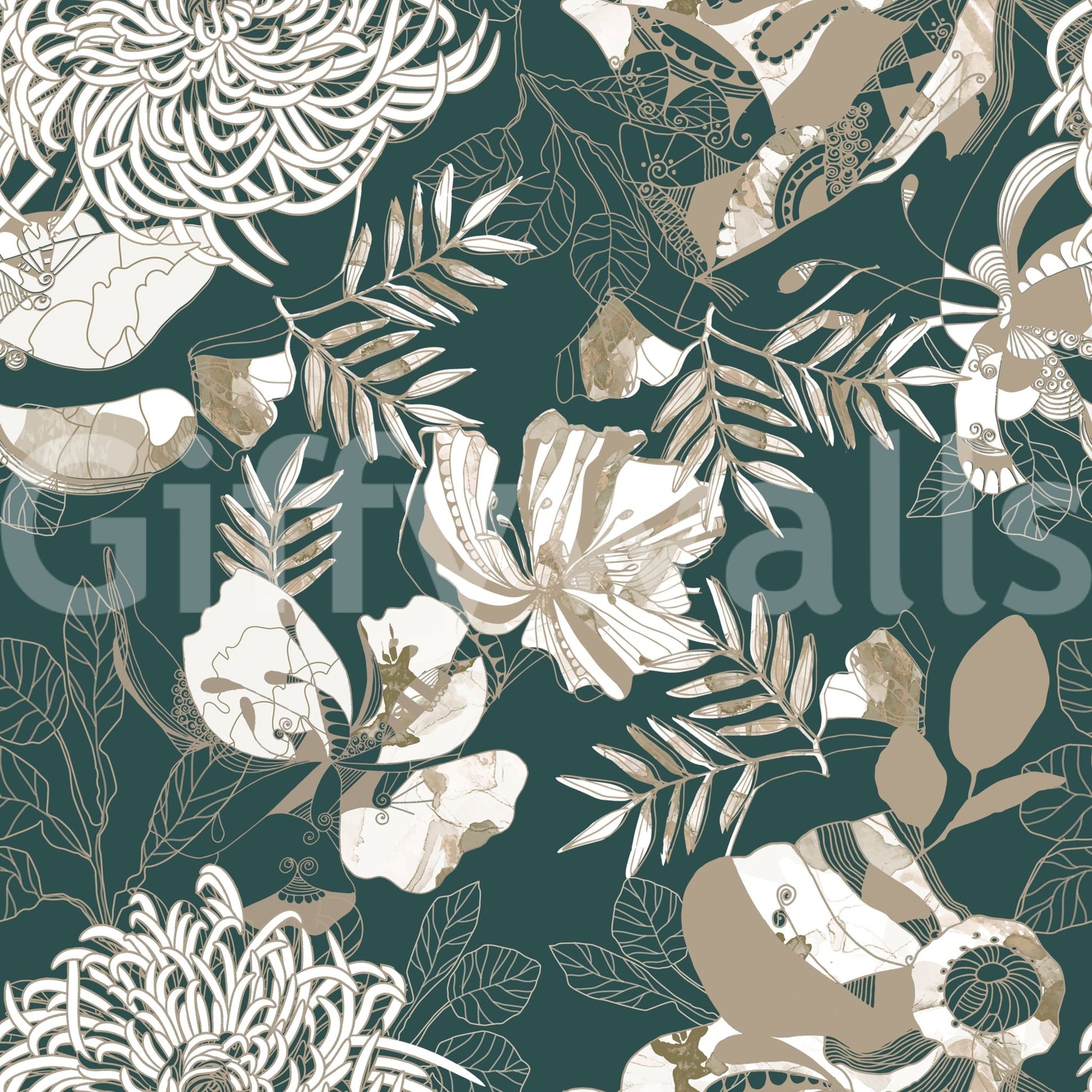 Decorative green wallpaper with layered blooms and classic art deco styling, GD9492